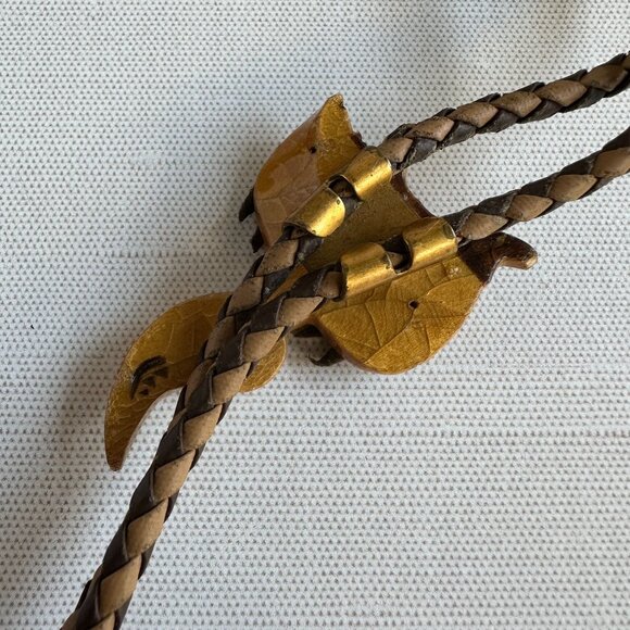 1960s–1970s Tooled Leather Saddle Bolo Tie, Western Bolo with Brass Tips - Picture 7 of 11